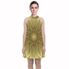 Background Pattern Golden Yellow Velvet Halter Neckline Dress 