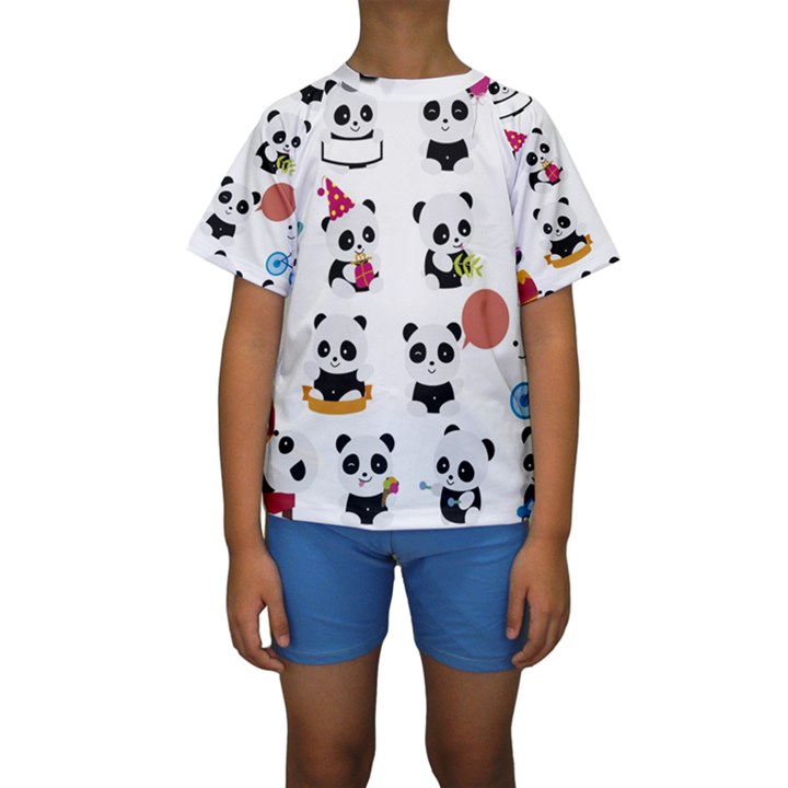 Playing Pandas Cartoons Kids  Short Sleeve Swimwear