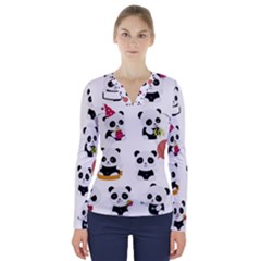 Playing Pandas Cartoons V-neck Long Sleeve Top by Semog4