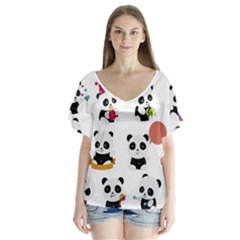 Playing Pandas Cartoons V-neck Flutter Sleeve Top by Semog4