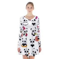 Playing Pandas Cartoons Long Sleeve Velvet V-neck Dress