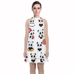 Playing Pandas Cartoons Velvet Halter Neckline Dress 