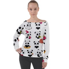 Playing Pandas Cartoons Off Shoulder Long Sleeve Velour Top by Semog4