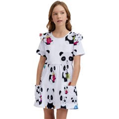 Playing Pandas Cartoons Kids  Frilly Sleeves Pocket Dress by Semog4