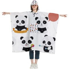 Playing Pandas Cartoons Women s Hooded Rain Ponchos