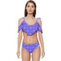 Decor Pattern Blue Curved Line Ruffle Edge Tie Up Bikini Set	 View1