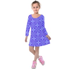 Decor Pattern Blue Curved Line Kids  Long Sleeve Velvet Dress