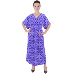 Decor Pattern Blue Curved Line V-neck Boho Style Maxi Dress by Semog4