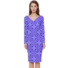 Decor Pattern Blue Curved Line Long Sleeve V-neck Bodycon Dress  by Semog4