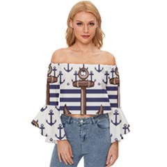 Anchor Background Design Off Shoulder Flutter Bell Sleeve Top