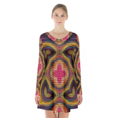 Kaleidoscope Art Pattern Ornament Long Sleeve Velvet V-neck Dress