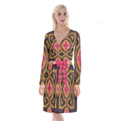 Kaleidoscope Art Pattern Ornament Long Sleeve Velvet Front Wrap Dress by Semog4