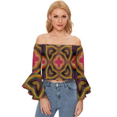 Kaleidoscope Art Pattern Ornament Off Shoulder Flutter Bell Sleeve Top