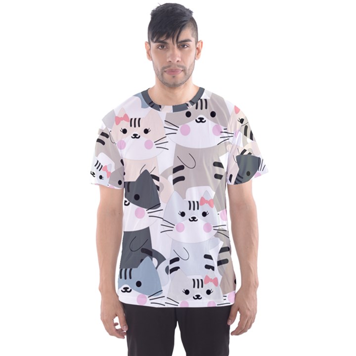 Cute Cat Couple Seamless Pattern Cartoon Men s Sport Mesh Tee