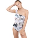 Cute Cat Couple Seamless Pattern Cartoon Frilly One Shoulder Swimsuit View1