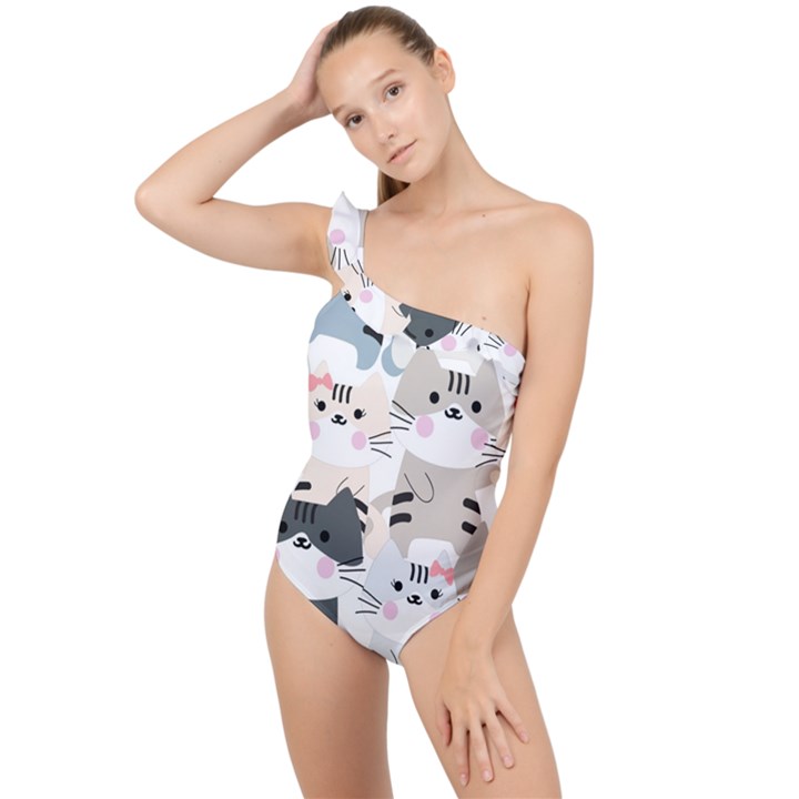 Cute Cat Couple Seamless Pattern Cartoon Frilly One Shoulder Swimsuit