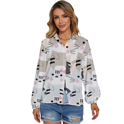 Cute Cat Couple Seamless Pattern Cartoon Women s Long Sleeve Button Down Shirt by Semog4