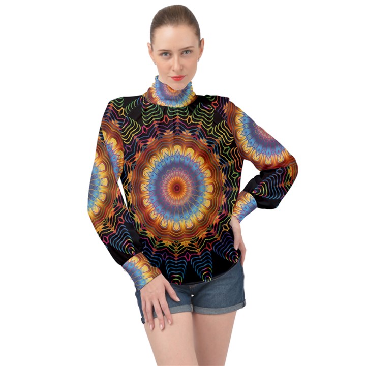 Colorful Prismatic Chromatic High Neck Long Sleeve Chiffon Top