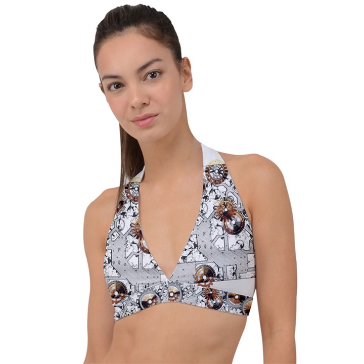 Gears Movement Machine Halter Plunge Bikini Top