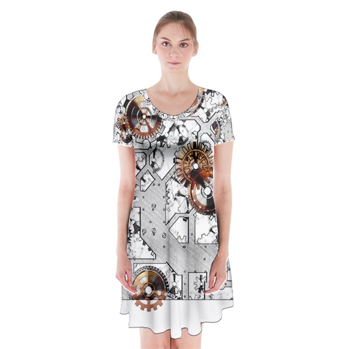 Gears Movement Machine Short Sleeve V-neck Flare Dress