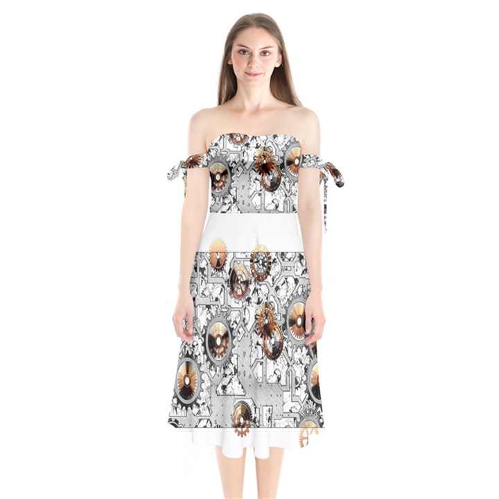 Gears Movement Machine Shoulder Tie Bardot Midi Dress