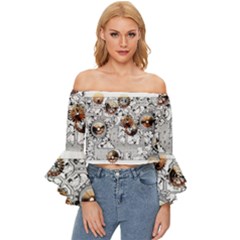 Gears Movement Machine Off Shoulder Flutter Bell Sleeve Top