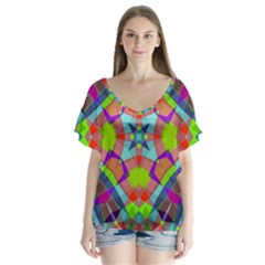 Farbenpracht Kaleidoscope Pattern V-neck Flutter Sleeve Top by Semog4