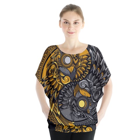 Yin Yang Owl Doodle Ornament Illustration Batwing Chiffon Blouse by Semog4