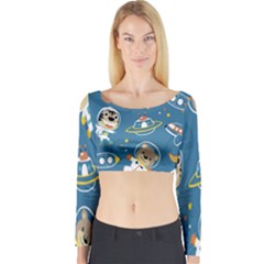 Seamless Pattern Funny Astronaut Outer Space Transportation Long Sleeve Crop Top by Semog4