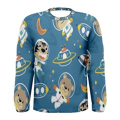 Seamless Pattern Funny Astronaut Outer Space Transportation Men s Long Sleeve Tee