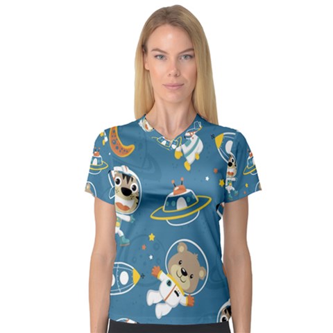 Seamless Pattern Funny Astronaut Outer Space Transportation V-neck Sport Mesh Tee by Semog4