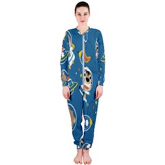 Seamless Pattern Funny Astronaut Outer Space Transportation Onepiece Jumpsuit (ladies)