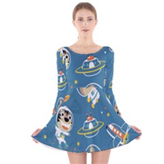 Seamless Pattern Funny Astronaut Outer Space Transportation Long Sleeve Velvet Skater Dress