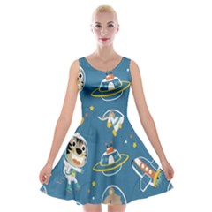 Seamless Pattern Funny Astronaut Outer Space Transportation Velvet Skater Dress