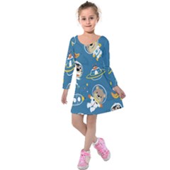 Seamless Pattern Funny Astronaut Outer Space Transportation Kids  Long Sleeve Velvet Dress by Semog4