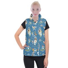 Seamless Pattern Funny Astronaut Outer Space Transportation Women s Button Up Vest