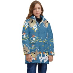 Seamless Pattern Funny Astronaut Outer Space Transportation Kid s Hooded Longline Puffer Jacket by Semog4