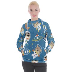 Seamless Pattern Funny Astronaut Outer Space Transportation Women s Hooded Pullover