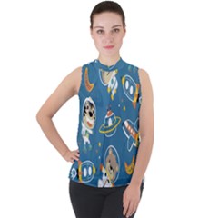 Seamless Pattern Funny Astronaut Outer Space Transportation Mock Neck Chiffon Sleeveless Top by Semog4