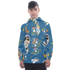 Seamless Pattern Funny Astronaut Outer Space Transportation Men s Front Pocket Pullover Windbreaker