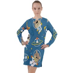 Seamless Pattern Funny Astronaut Outer Space Transportation Long Sleeve Hoodie Dress