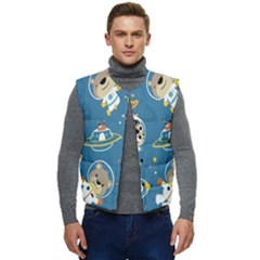 Seamless Pattern Funny Astronaut Outer Space Transportation Men s Short Button Up Puffer Vest	