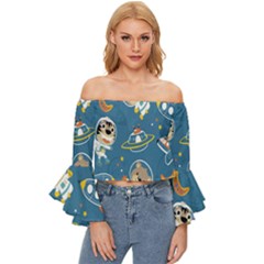 Seamless Pattern Funny Astronaut Outer Space Transportation Off Shoulder Flutter Bell Sleeve Top