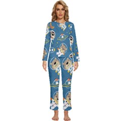 Seamless Pattern Funny Astronaut Outer Space Transportation Womens  Long Sleeve Lightweight Pajamas Set by Semog4