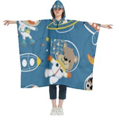 Seamless Pattern Funny Astronaut Outer Space Transportation Women s Hooded Rain Ponchos