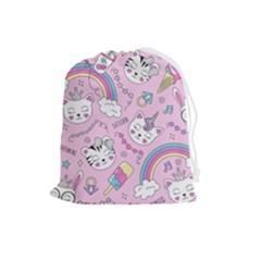 Beautiful Cute Animals Pattern Pink Drawstring Pouch (large) by Semog4