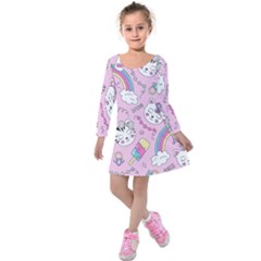 Beautiful Cute Animals Pattern Pink Kids  Long Sleeve Velvet Dress