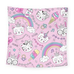 Beautiful Cute Animals Pattern Pink Square Tapestry (large)