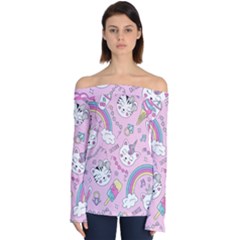 Beautiful Cute Animals Pattern Pink Off Shoulder Long Sleeve Top by Semog4