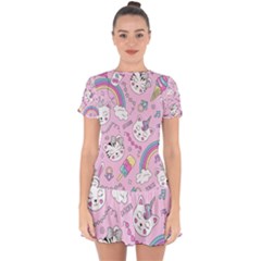 Beautiful Cute Animals Pattern Pink Drop Hem Mini Chiffon Dress